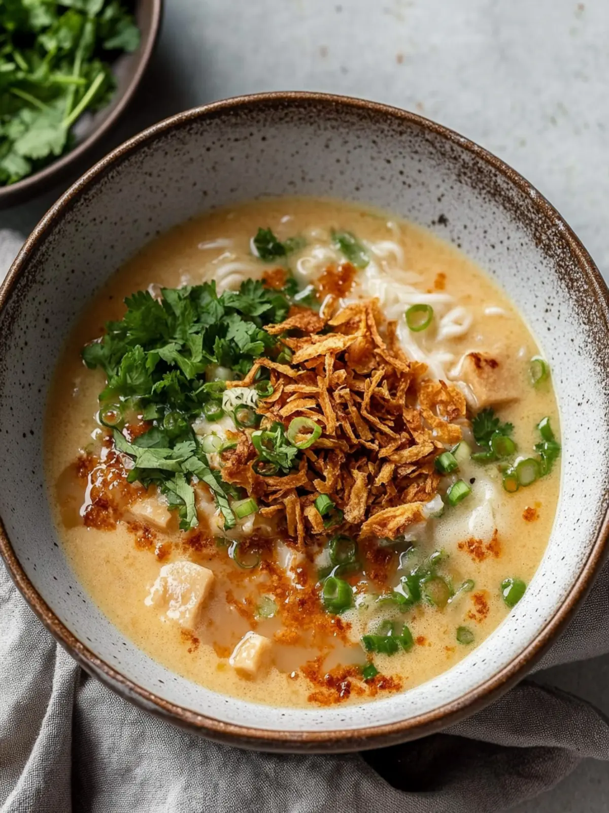Ingwer Miso Brühe Suppe mit knusprigem, zerrissenem Sesamtofu