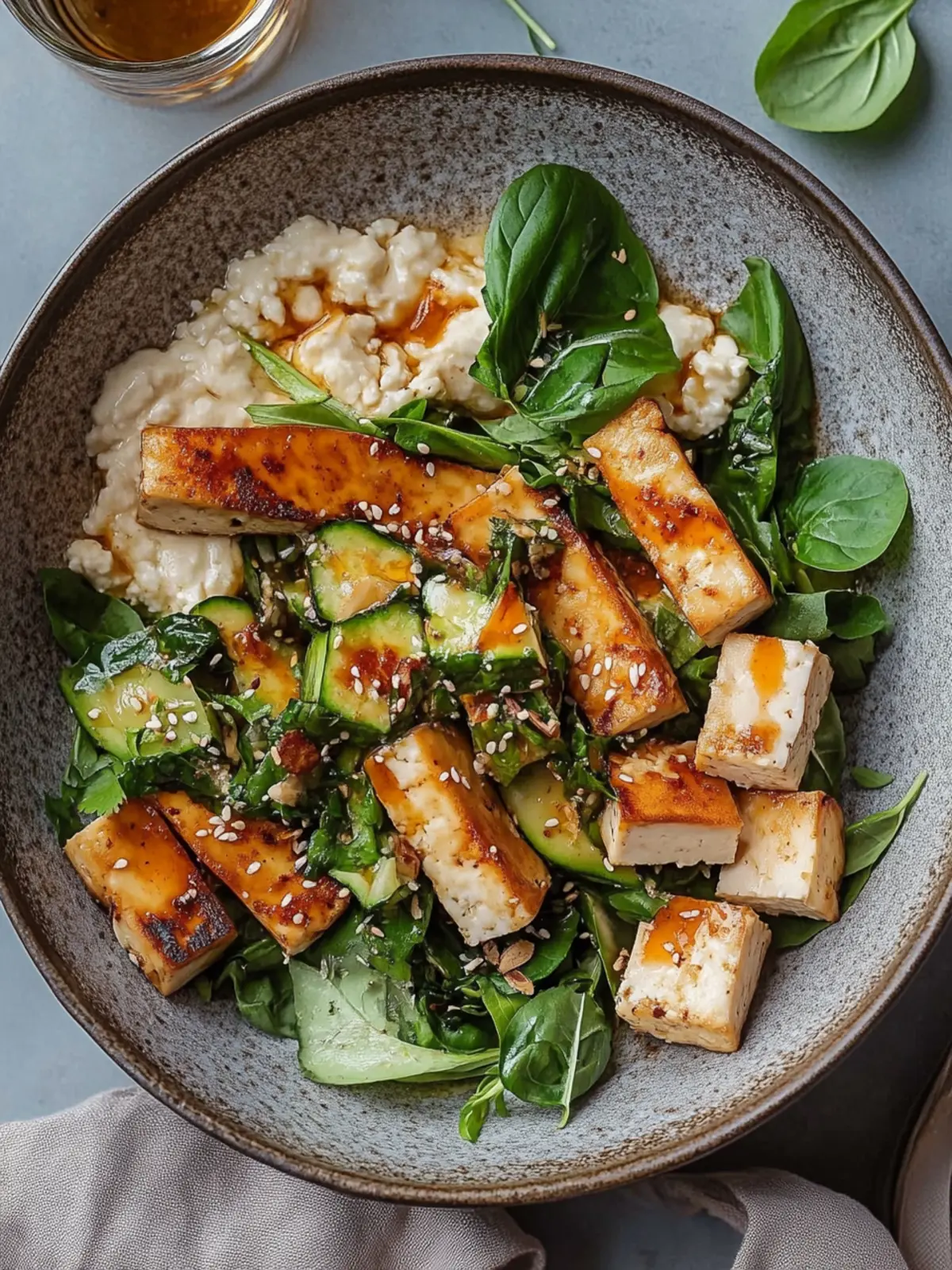 Herzhafter Haferbrei mit in der Pfanne gebratenem Tofu