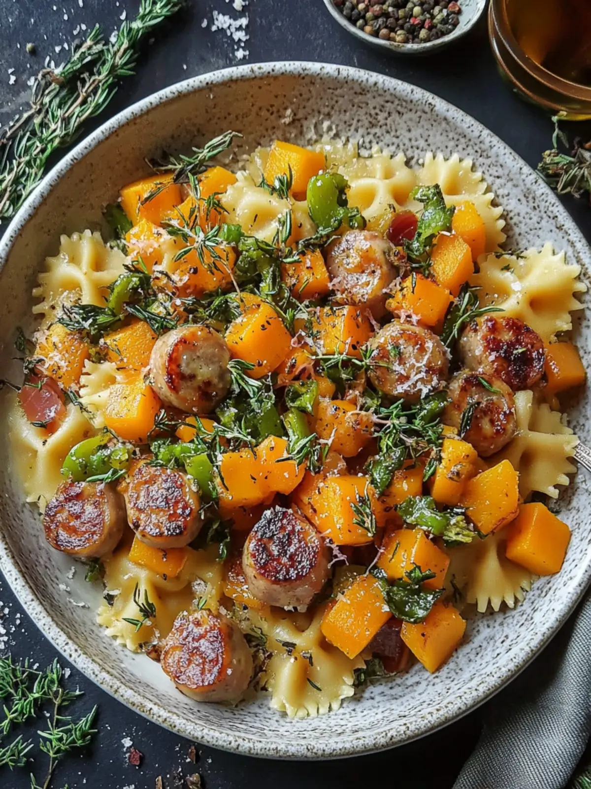 Herbstabendessen mit Wurstnudeln, Rosenkohl und Butternut-Kürbis