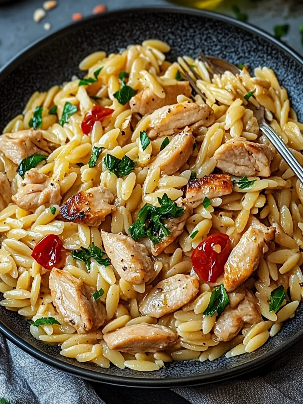 Ein Topf Orzo Pasta mit Hühnchen