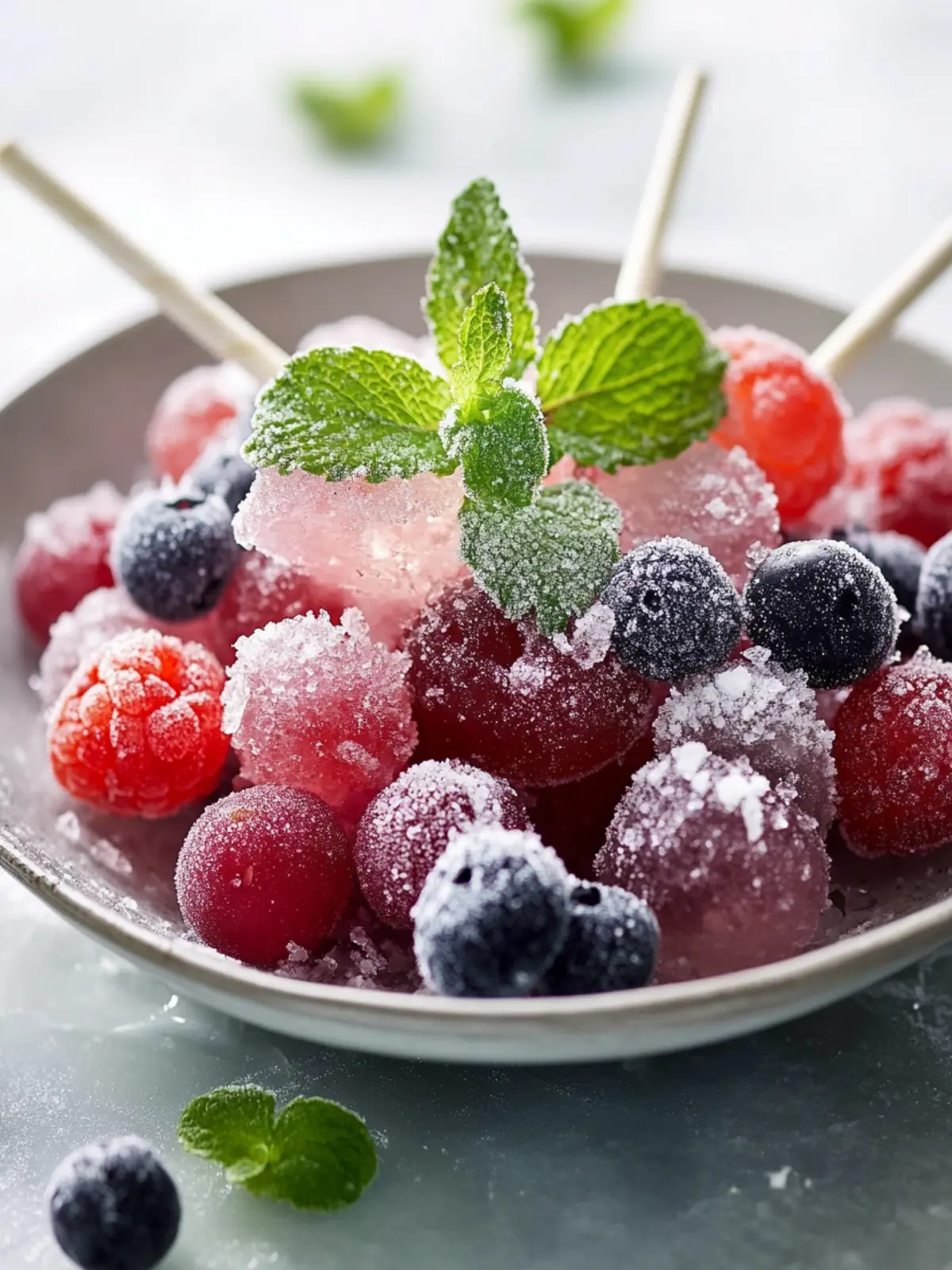 Gefrorene Trauben und Beeren-Spieße mit Minze-Limetten-Zuckerstaub