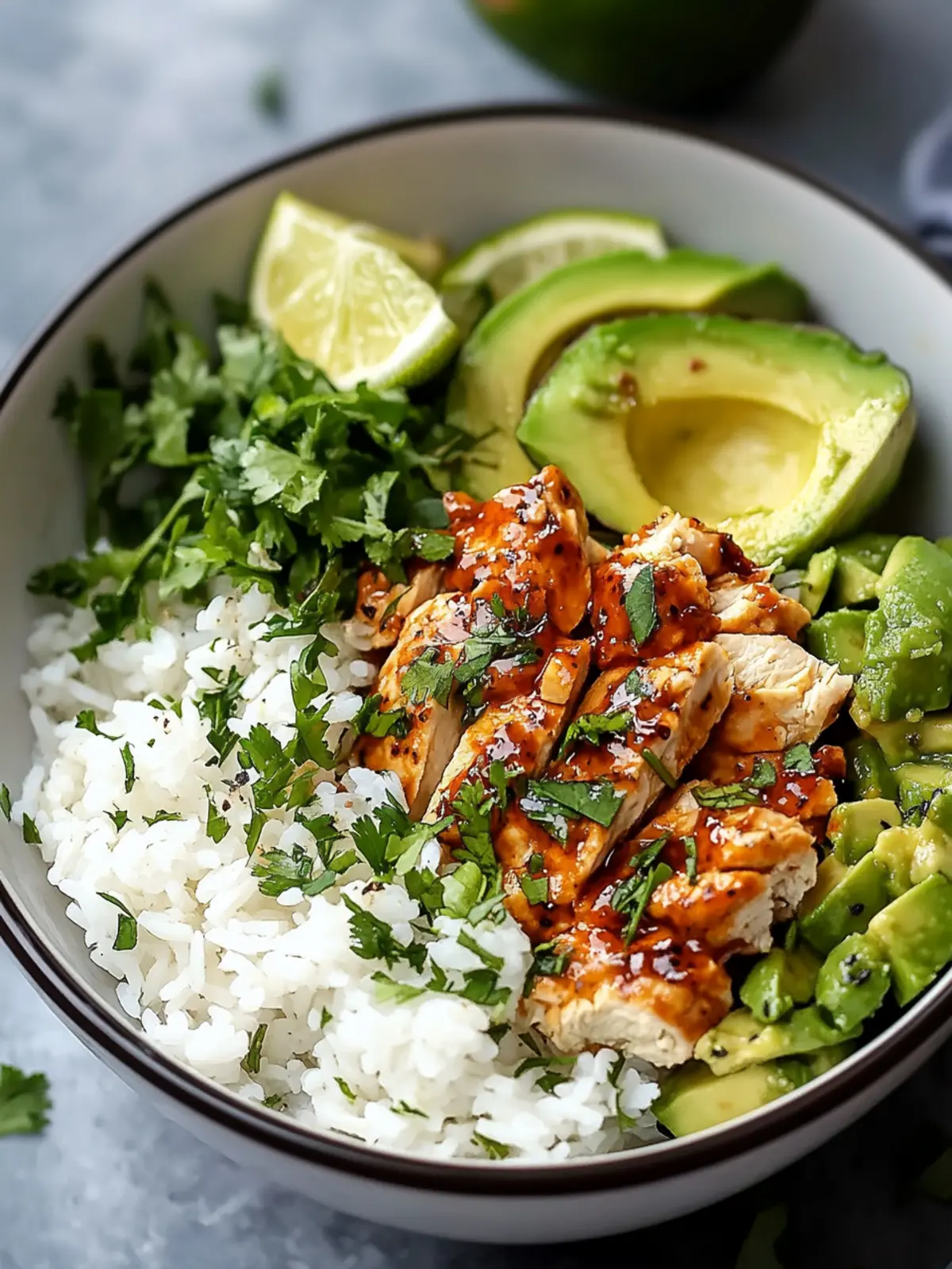 Honig-Limette-Hühnchen und Avocado-Reis-Bowl