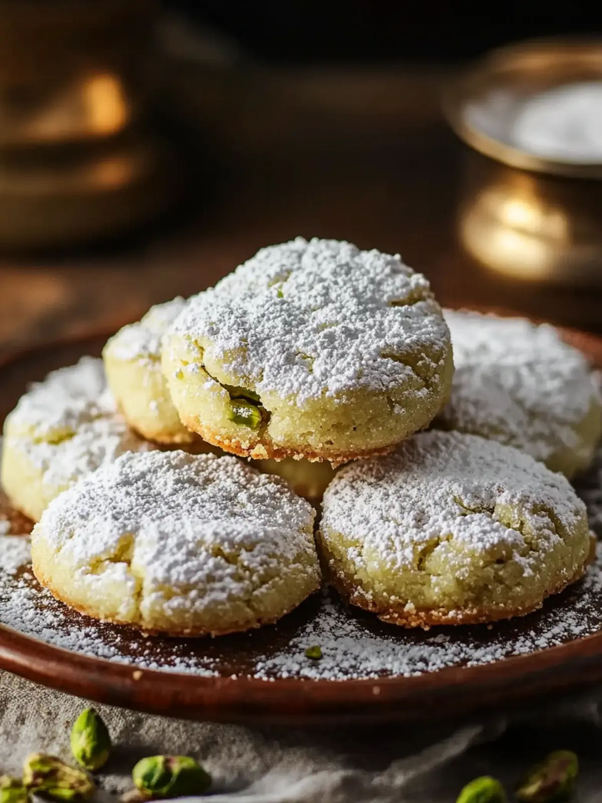 Tender pistachio shortbread with powdered sugar
