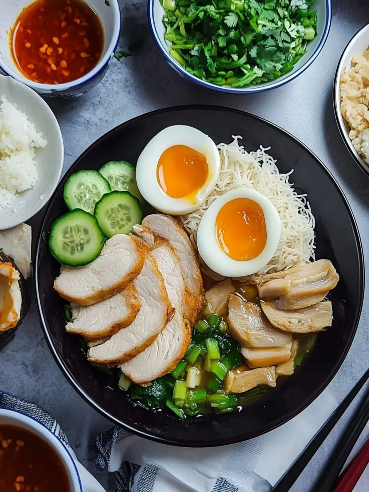 Hainanese Hähnchenreis Mahlzeitenvorbereitung mit Dip-Saucen