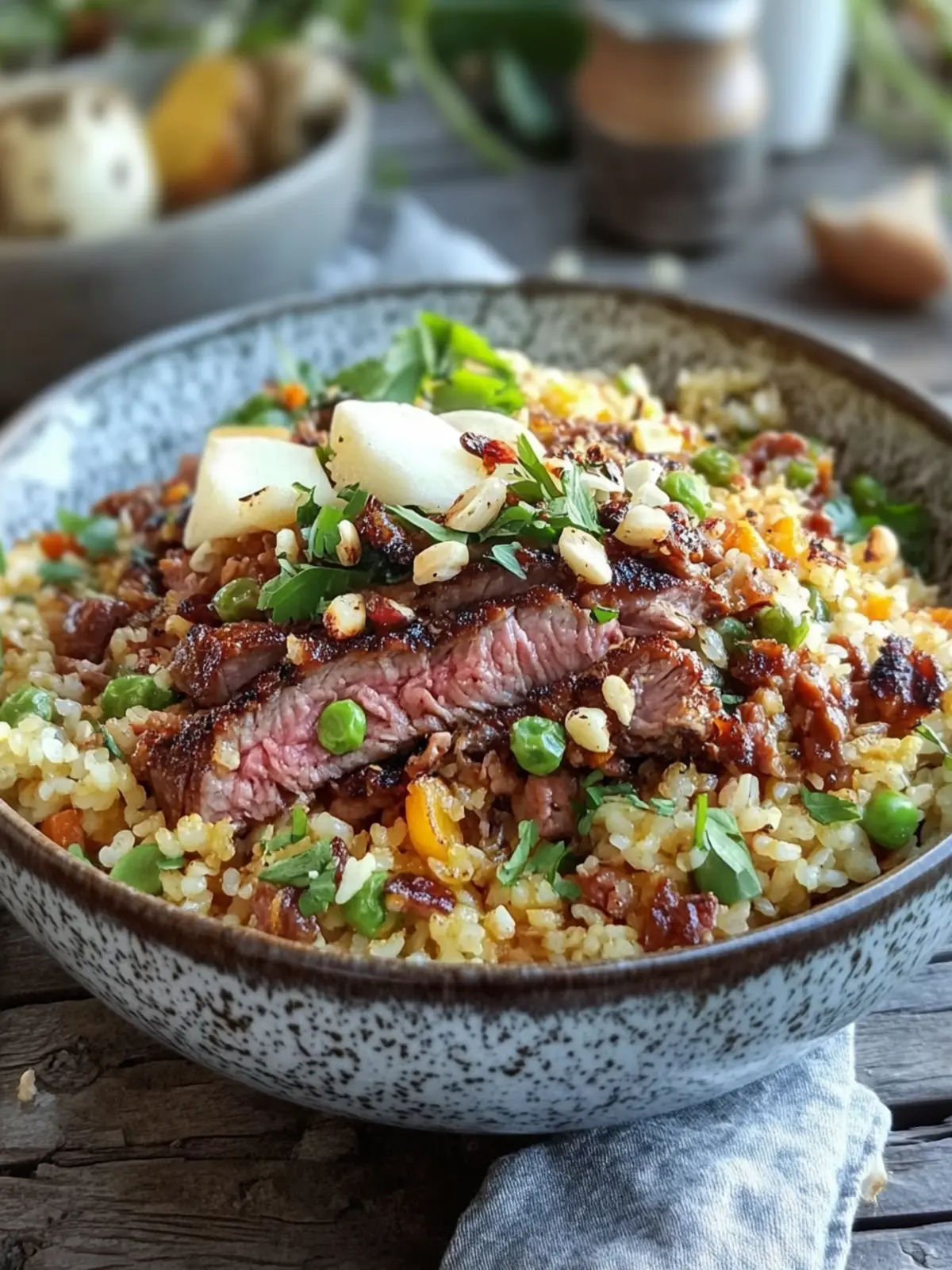 Rindfleisch gebratener Reis Schüssel mit einfachem Spiegelei Topping