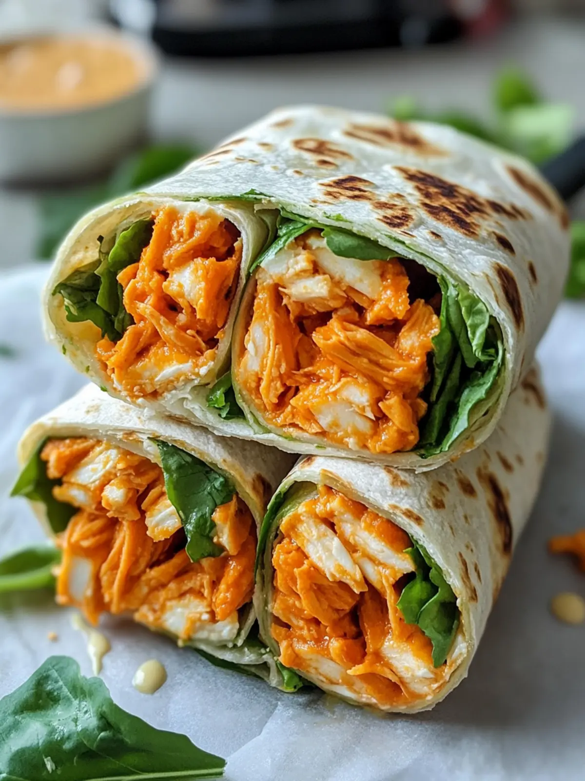 Knusprige vegane Buffalo-Hühnchen-Wraps mit Soja-Curls