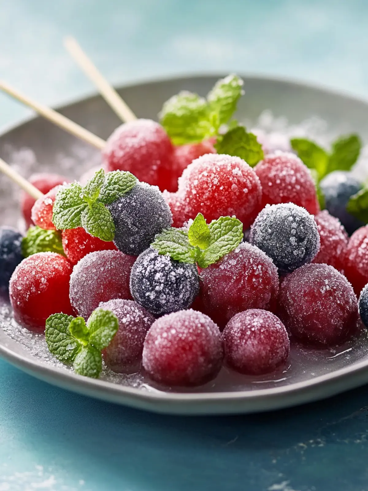 Gefrorene Trauben und Beeren-Spieße mit Minze-Limetten-Zuckerstaub