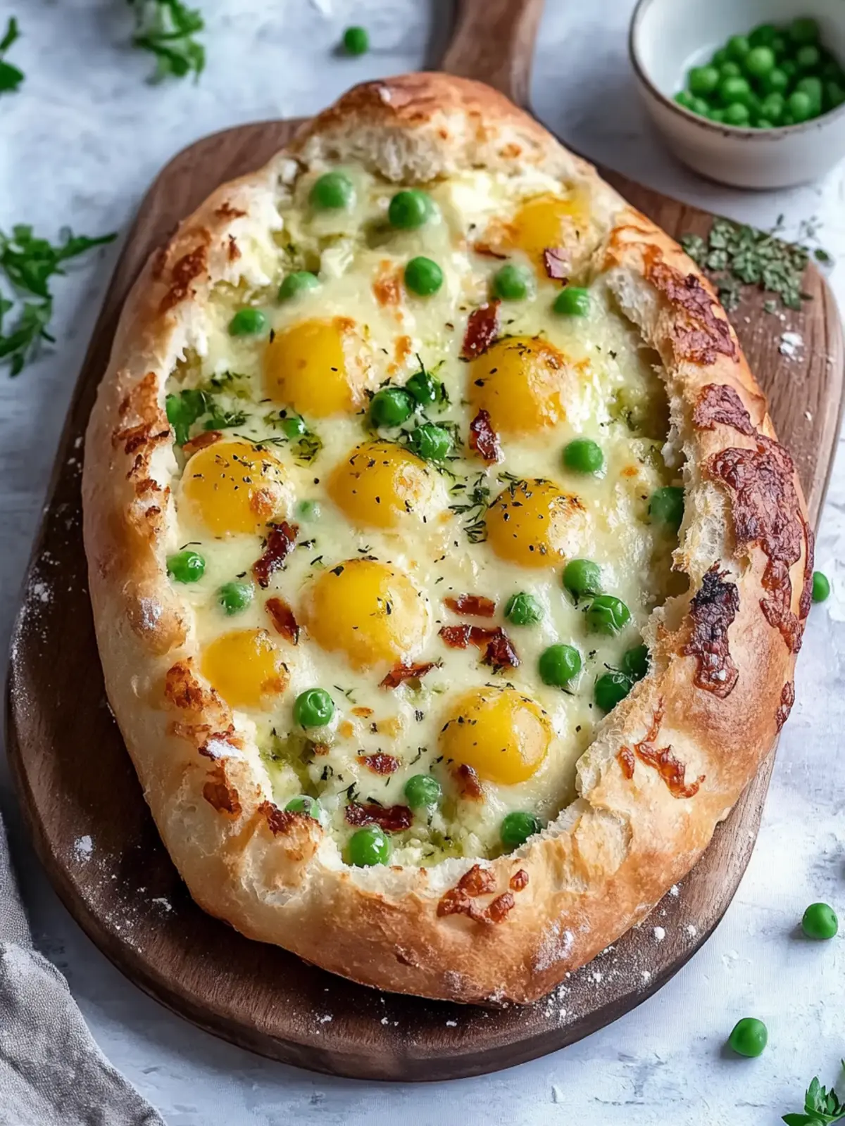Zitronen-Parmesan-Fladenbrot mit Ricotta und Erbsen