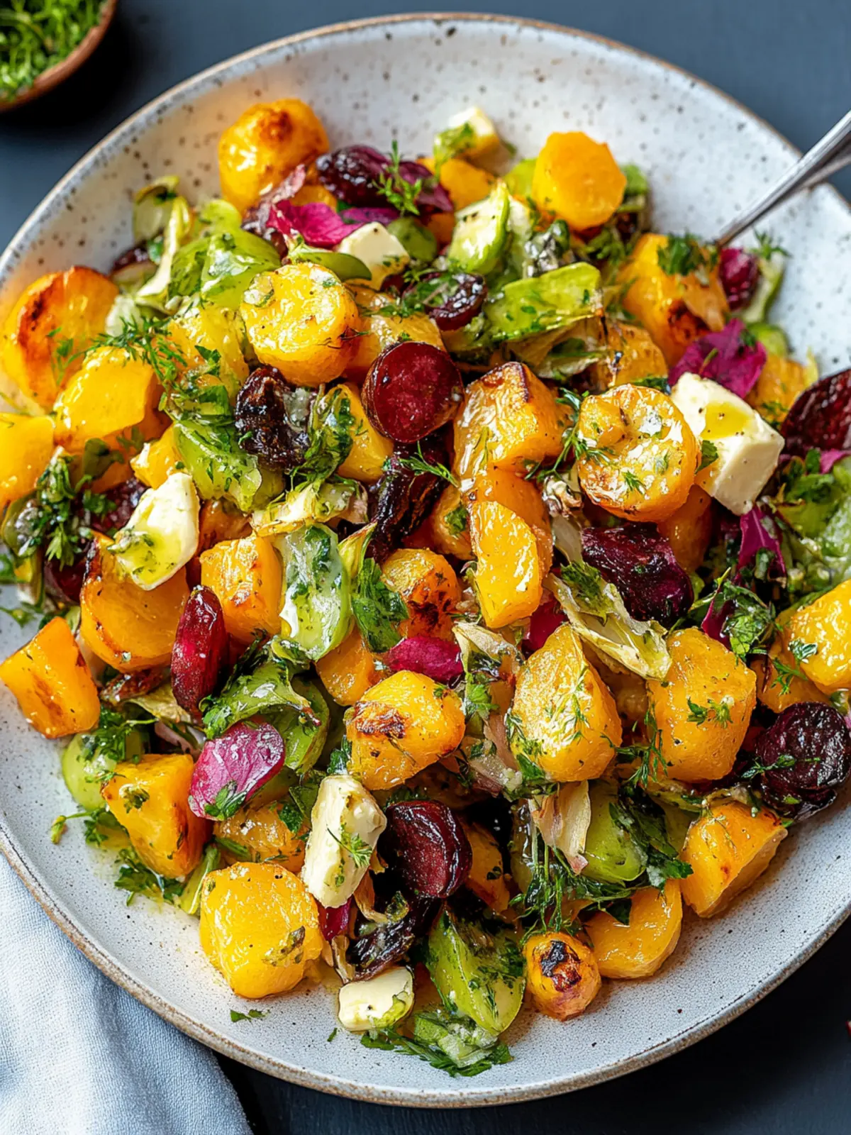 Unwiderstehlicher gerösteter Butternut-Kürbis-Salat mit Rosenkohl und Süßkartoffeln