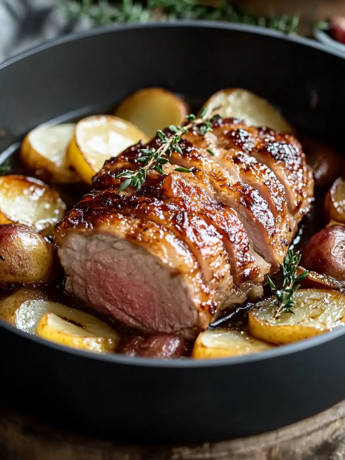 Gebratene Schweinekoteletts mit Äpfeln und Zwiebeln für den Winter
