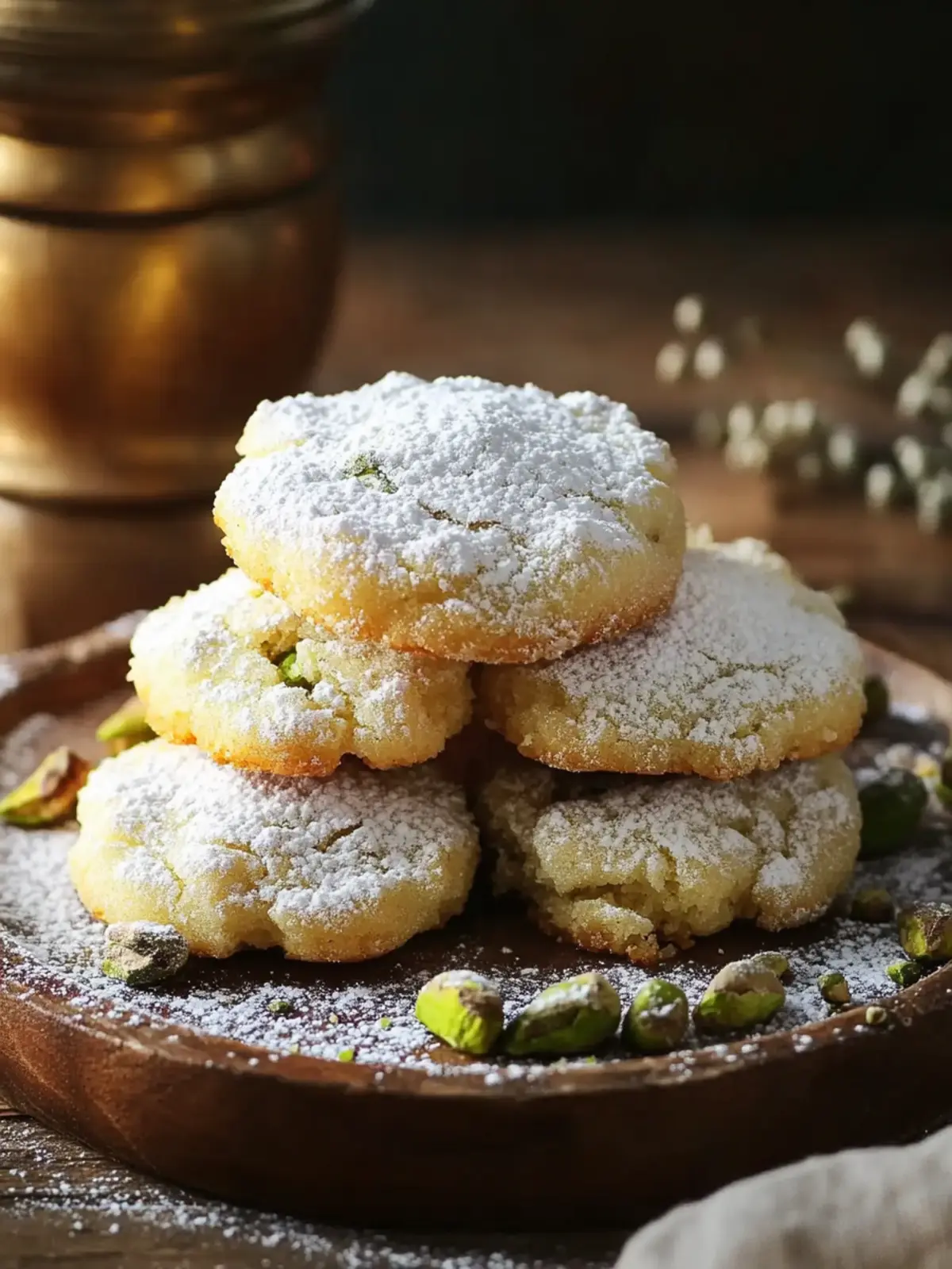 Tender pistachio shortbread with powdered sugar
