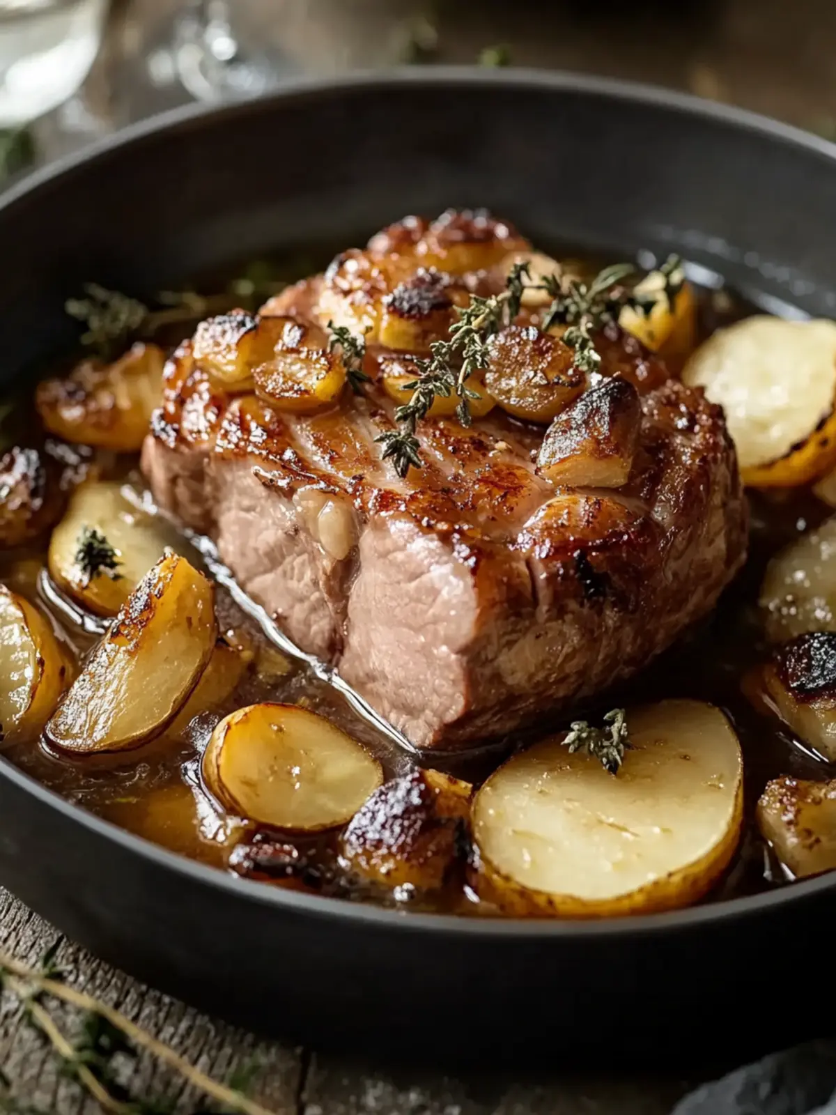 Gebratene Schweinekoteletts mit Äpfeln und Zwiebeln für den Winter