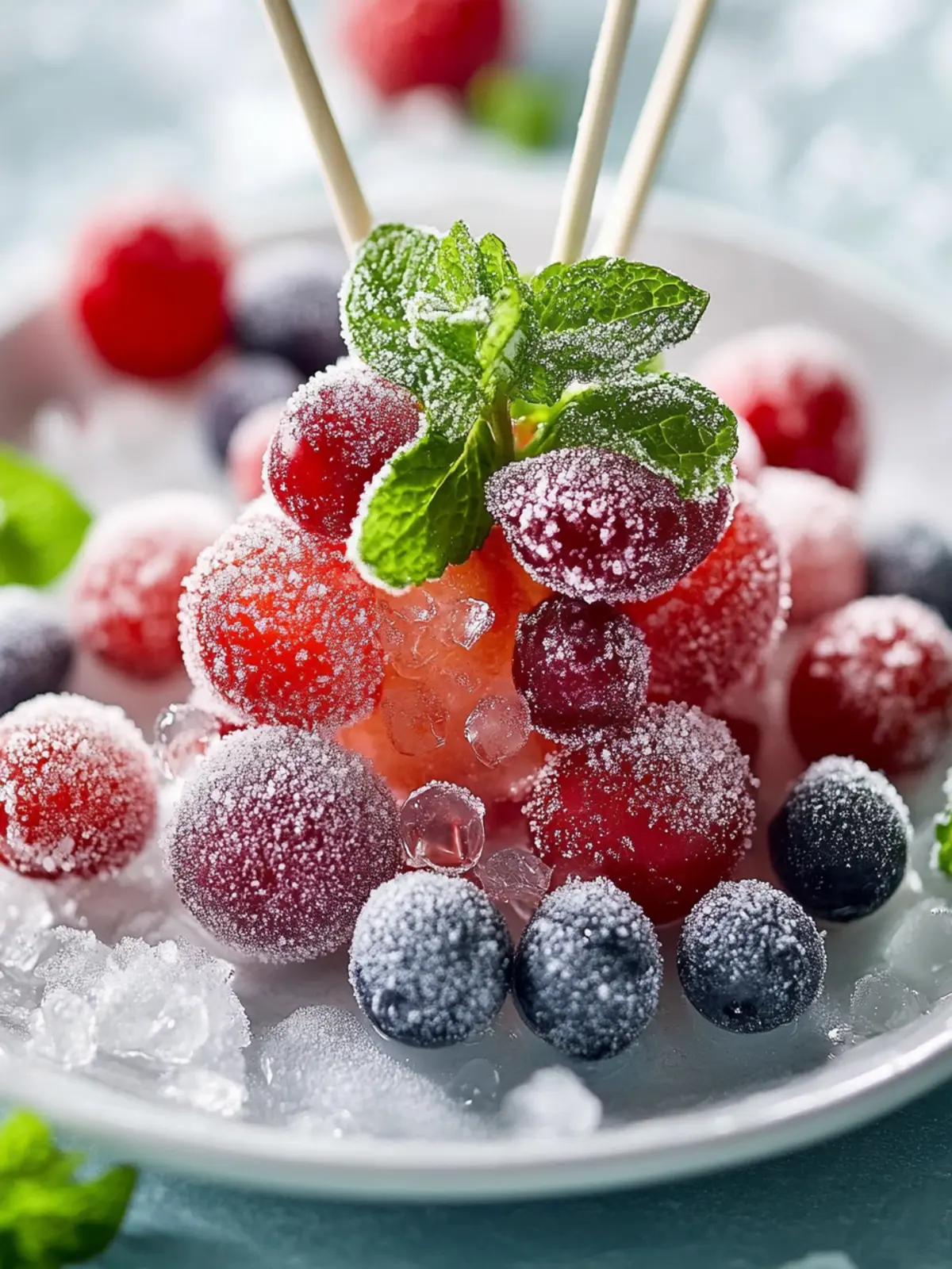 Gefrorene Trauben und Beeren-Spieße mit Minze-Limetten-Zuckerstaub