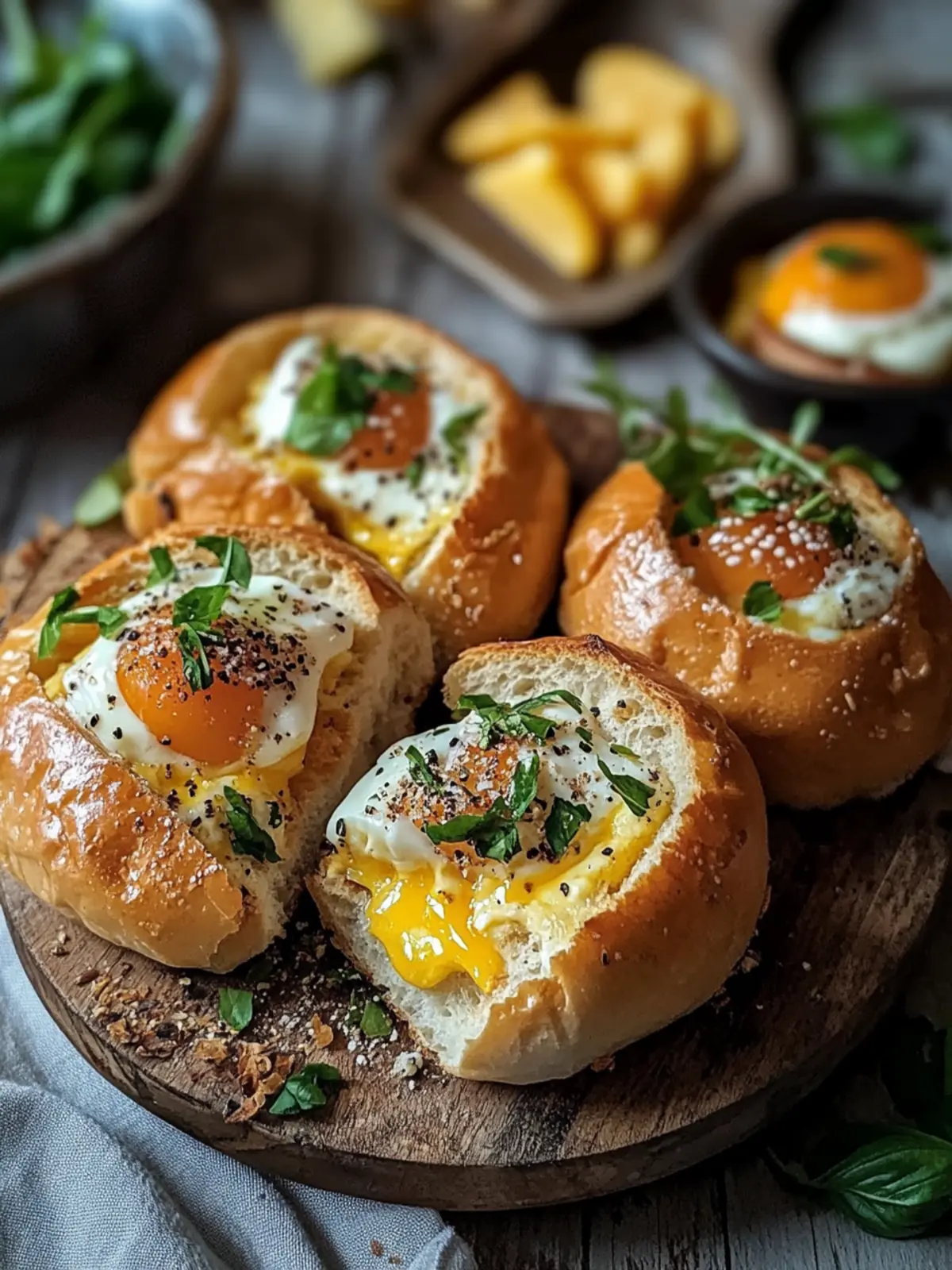 Gefüllte Frühstücksbrötchen mit Ei und Käse