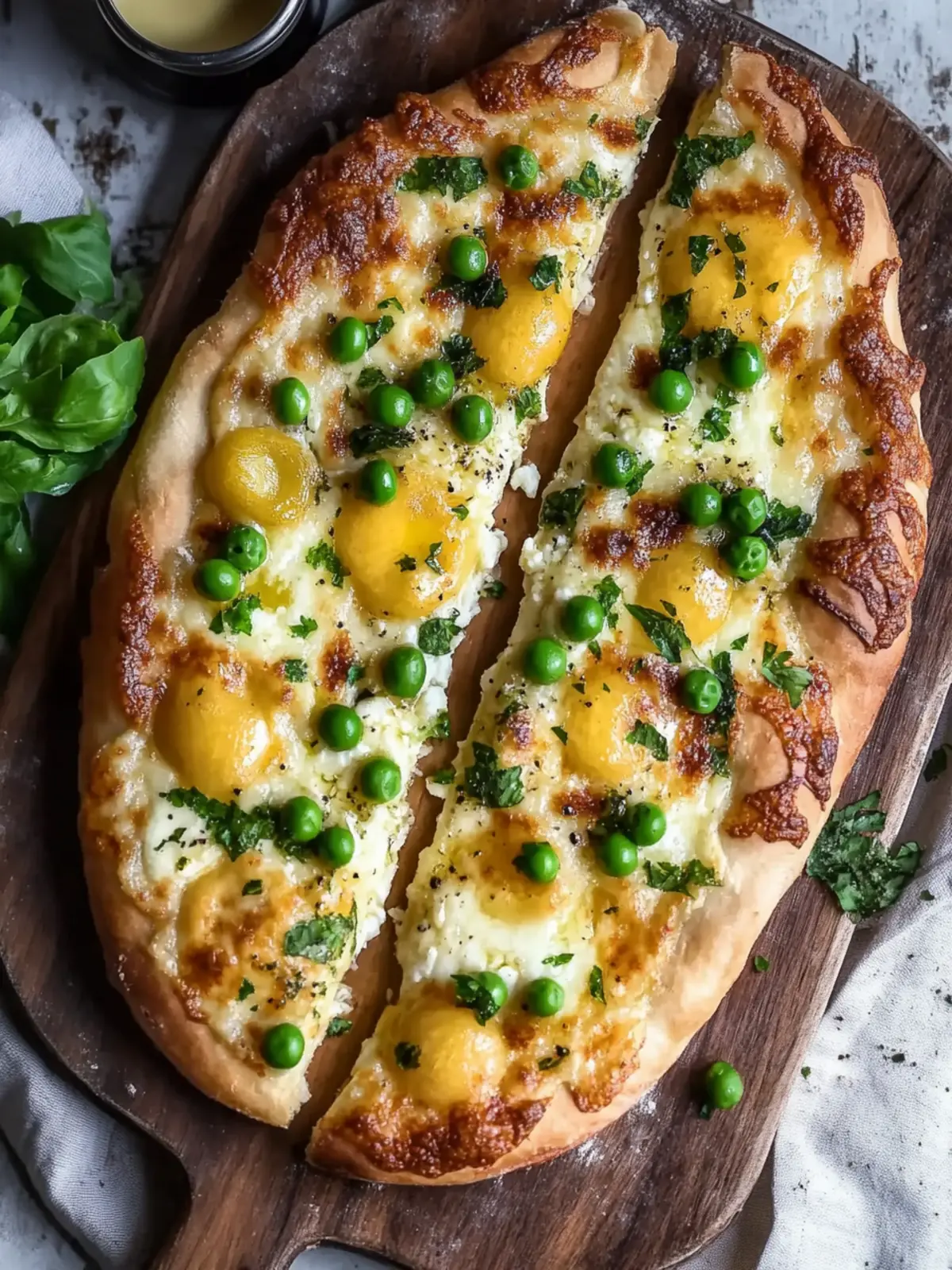 Zitronen-Parmesan-Fladenbrot mit Ricotta und Erbsen