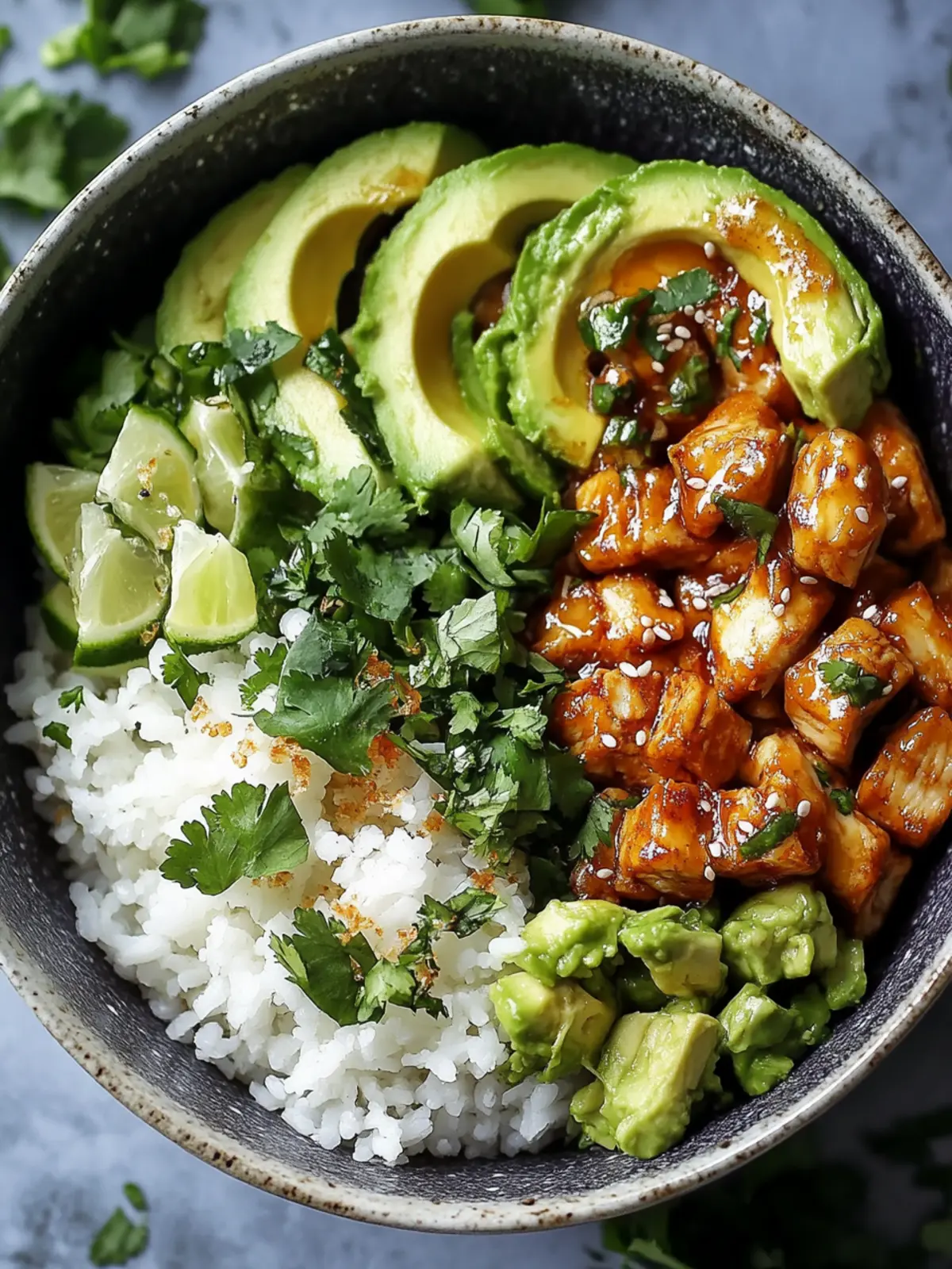 Honig-Limette-Hühnchen und Avocado-Reis-Bowl