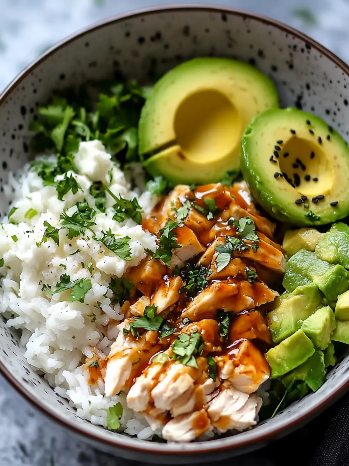 Honig-Limette-Hühnchen und Avocado-Reis-Bowl