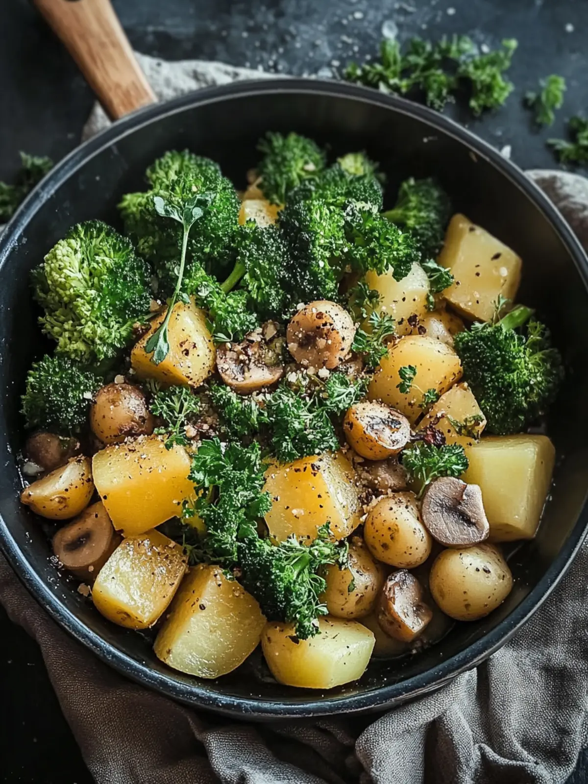 Brokkoli, Kartoffel und Pilz Pfanne