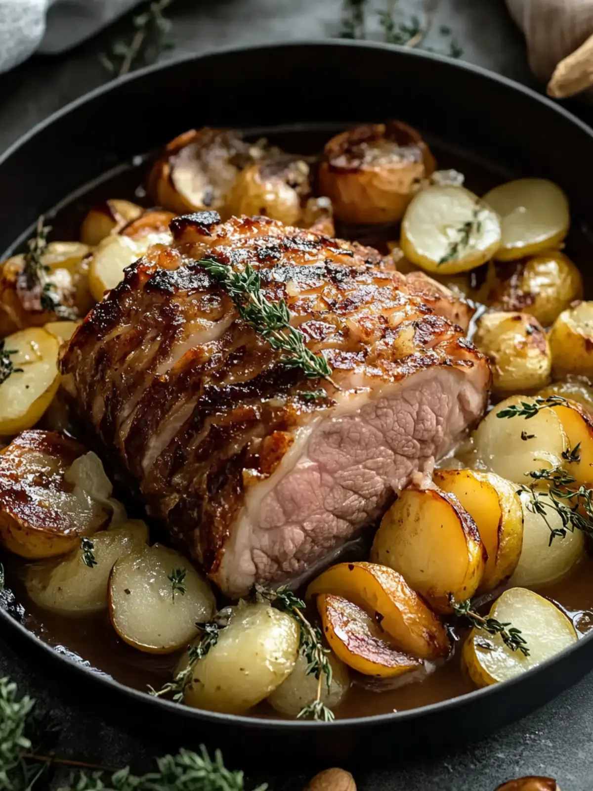 Gebratene Schweinekoteletts mit Äpfeln und Zwiebeln für den Winter