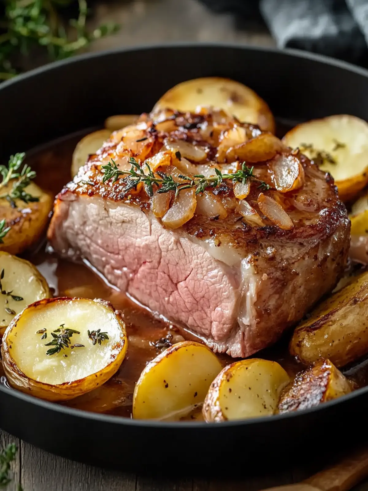 Gebratene Schweinekoteletts mit Äpfeln und Zwiebeln für den Winter