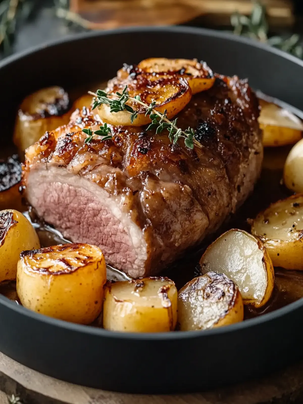 Gebratene Schweinekoteletts mit Äpfeln und Zwiebeln für den Winter