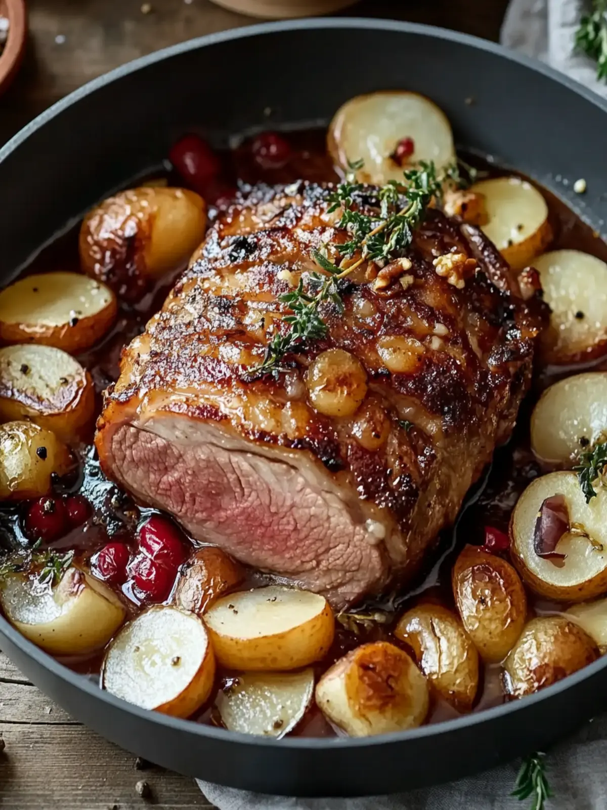 Gebratene Schweinekoteletts mit Äpfeln und Zwiebeln für den Winter