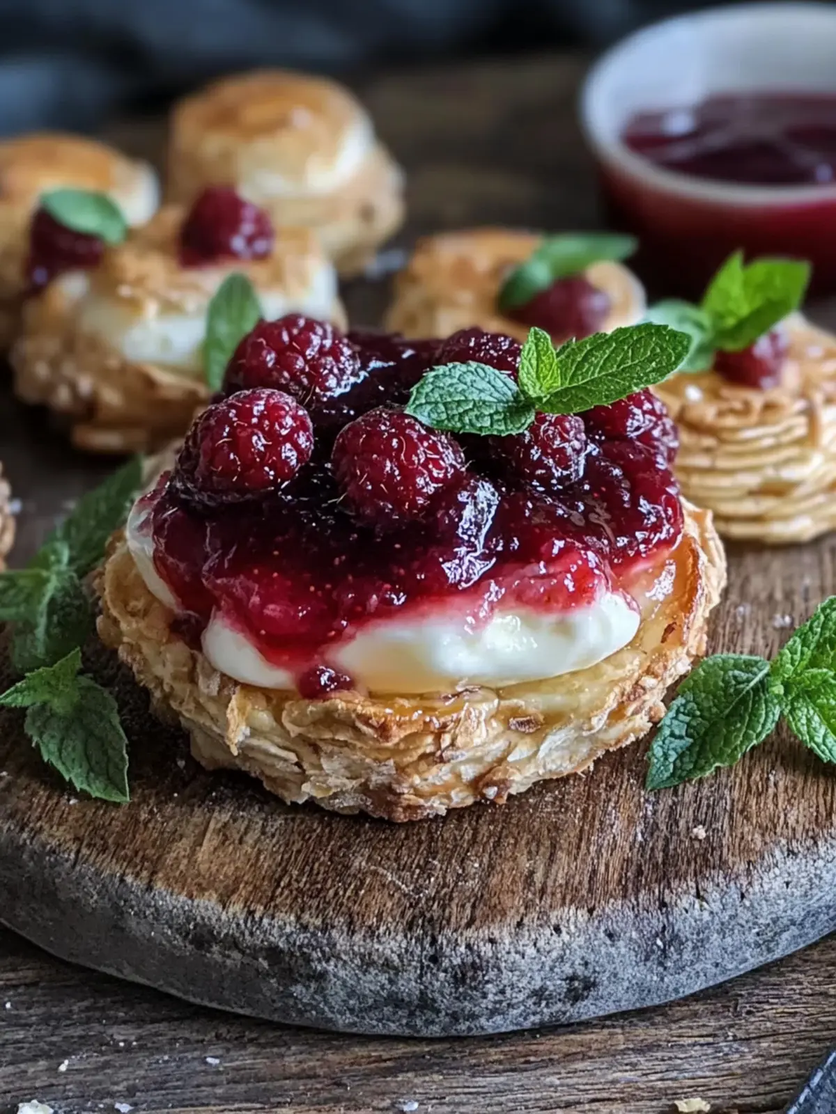 Crispy Brie und Himbeer-Marmelade Blätterteig Häppchen