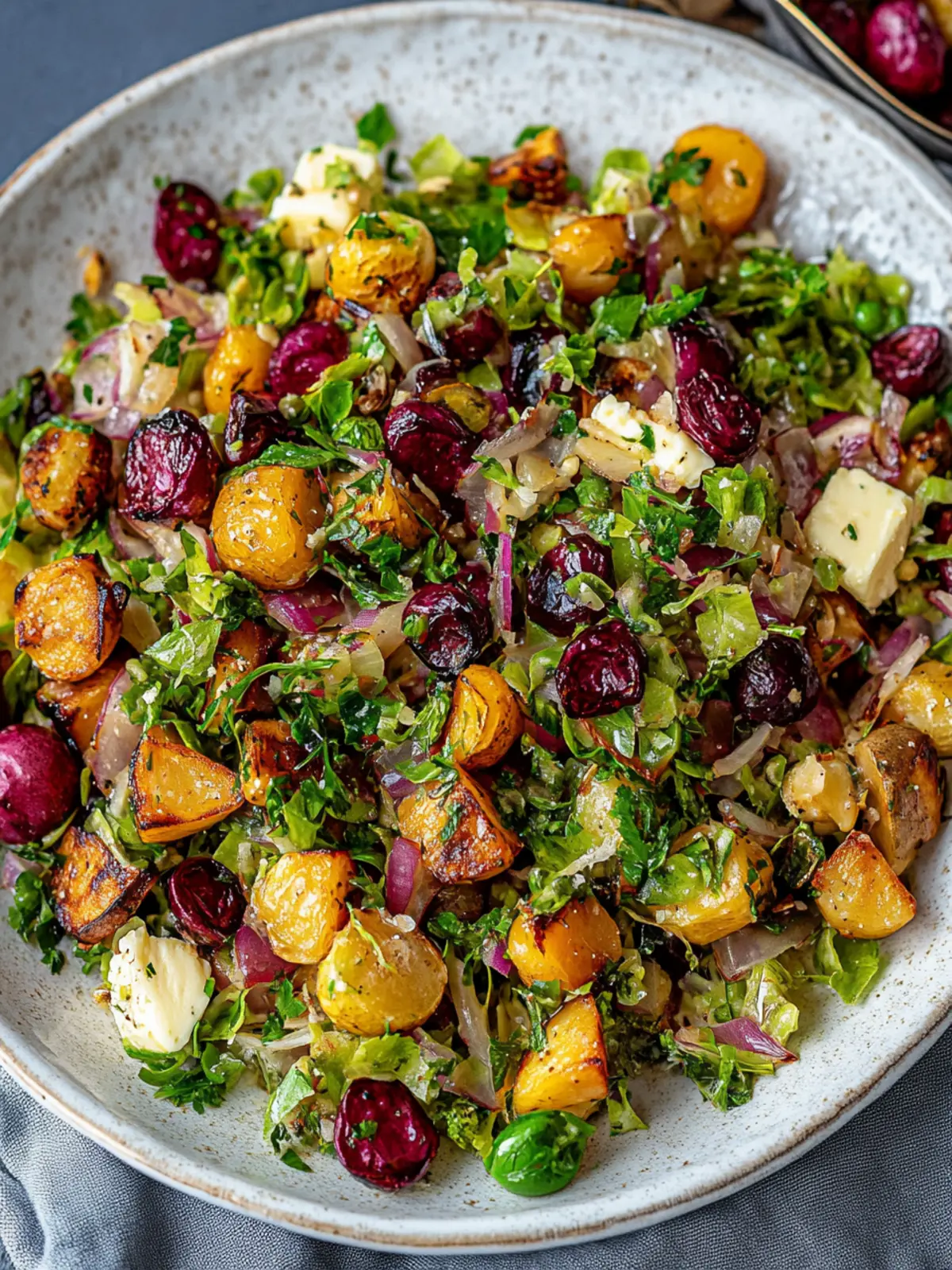 Unwiderstehlicher gerösteter Butternut-Kürbis-Salat mit Rosenkohl und Süßkartoffeln