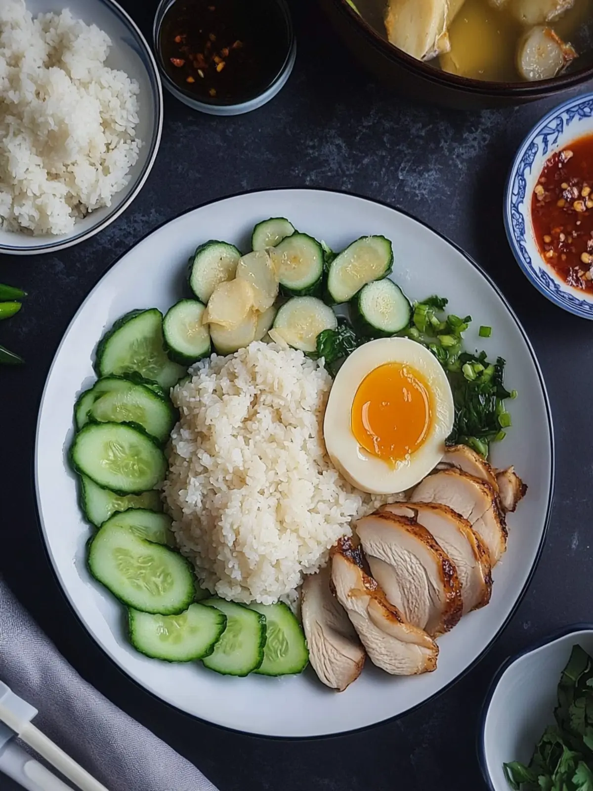 Hainanese Hähnchenreis Mahlzeitenvorbereitung mit Dip-Saucen