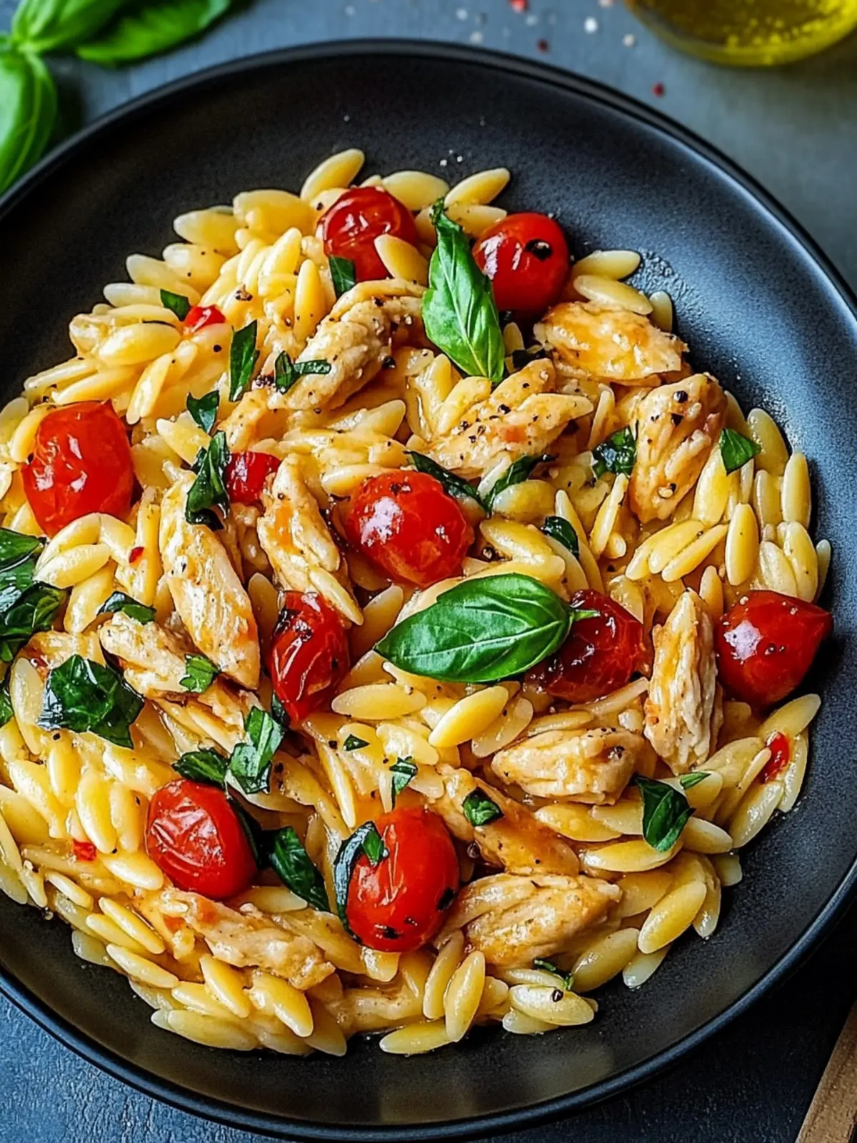 Ein Topf Orzo Pasta mit Hühnchen