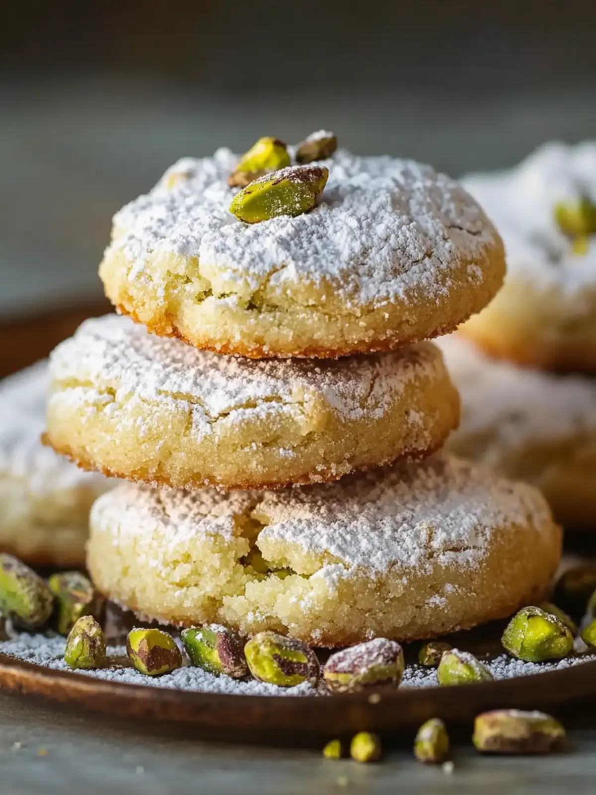 Tender pistachio shortbread with powdered sugar