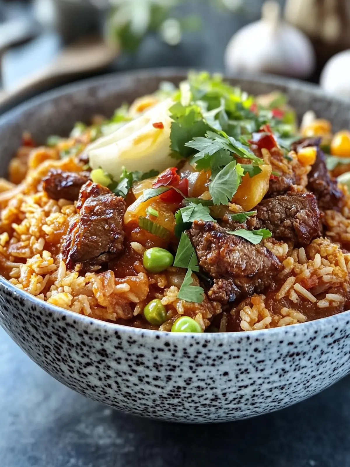 Rindfleisch gebratener Reis Schüssel mit einfachem Spiegelei Topping