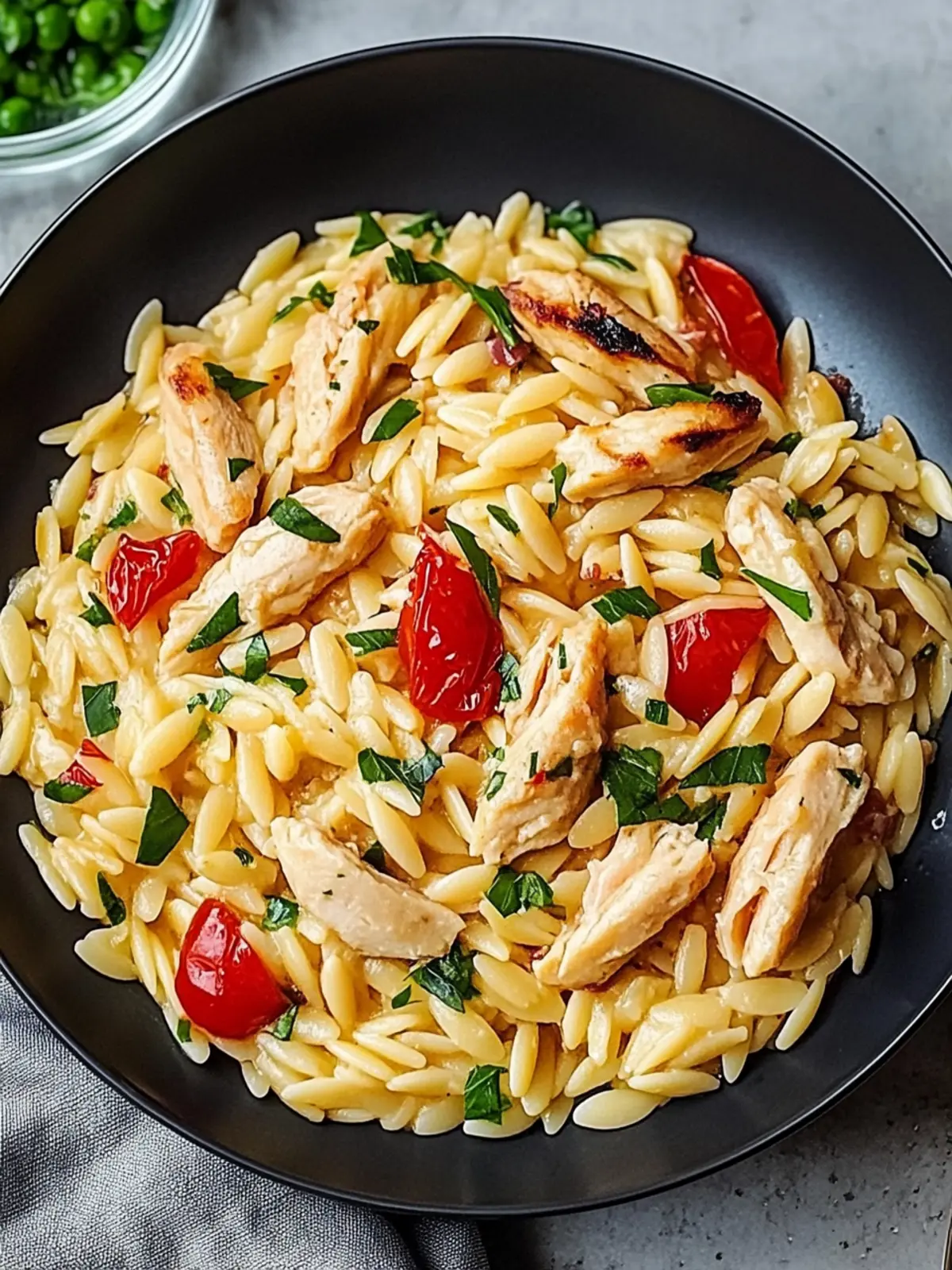 Ein Topf Orzo Pasta mit Hühnchen