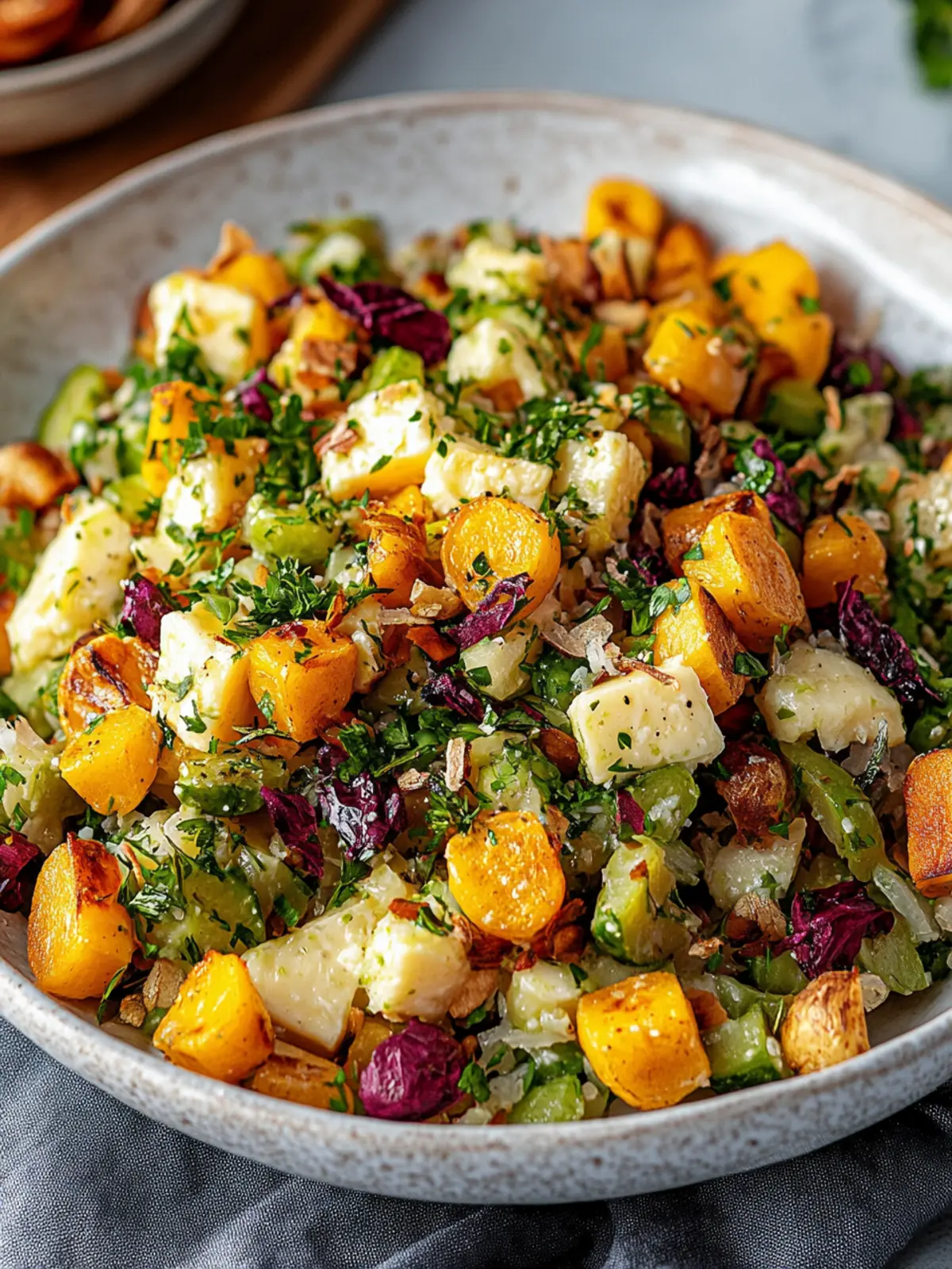 Unwiderstehlicher gerösteter Butternut-Kürbis-Salat mit Rosenkohl und Süßkartoffeln