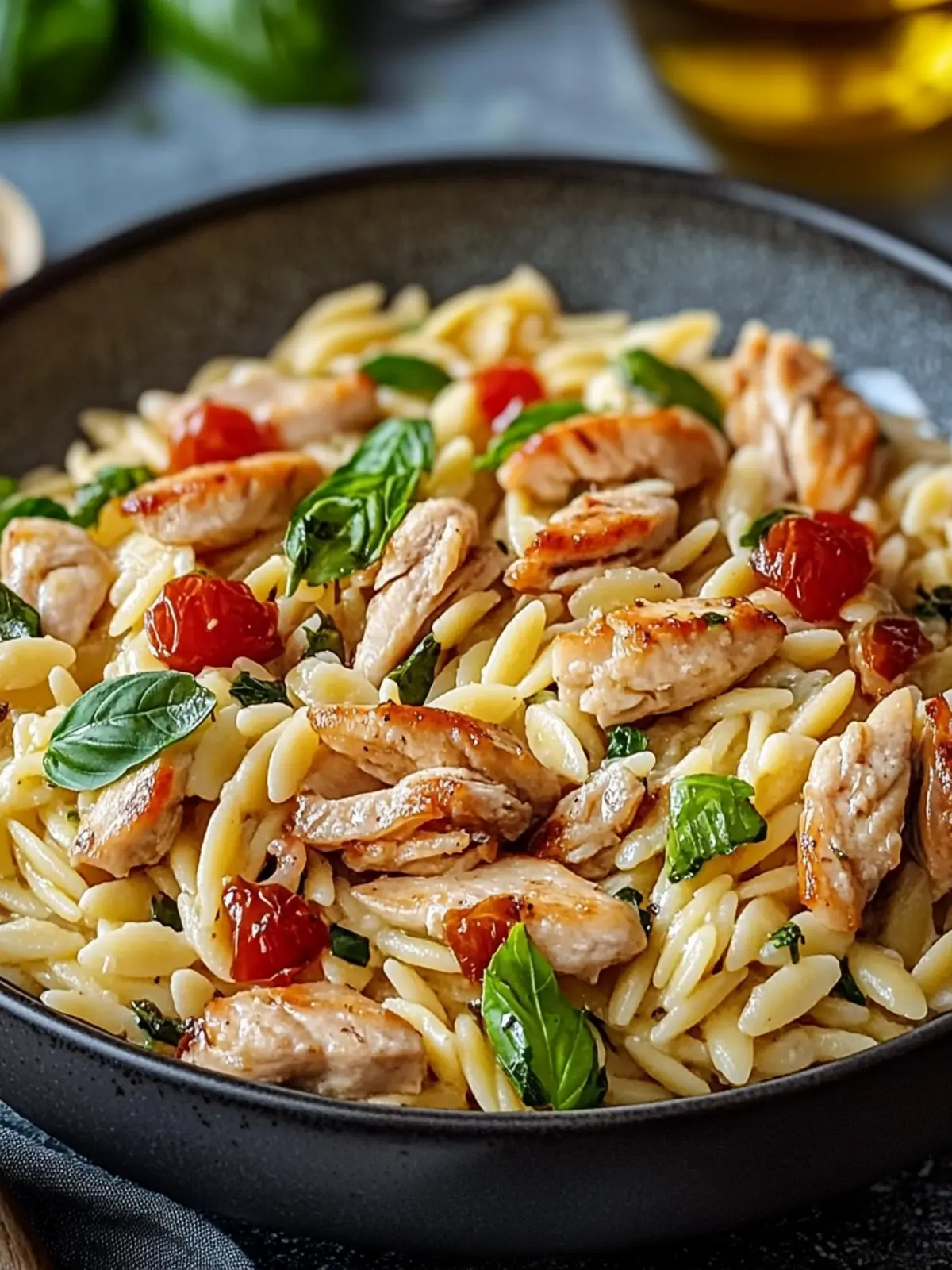 Ein Topf Orzo Pasta mit Hühnchen