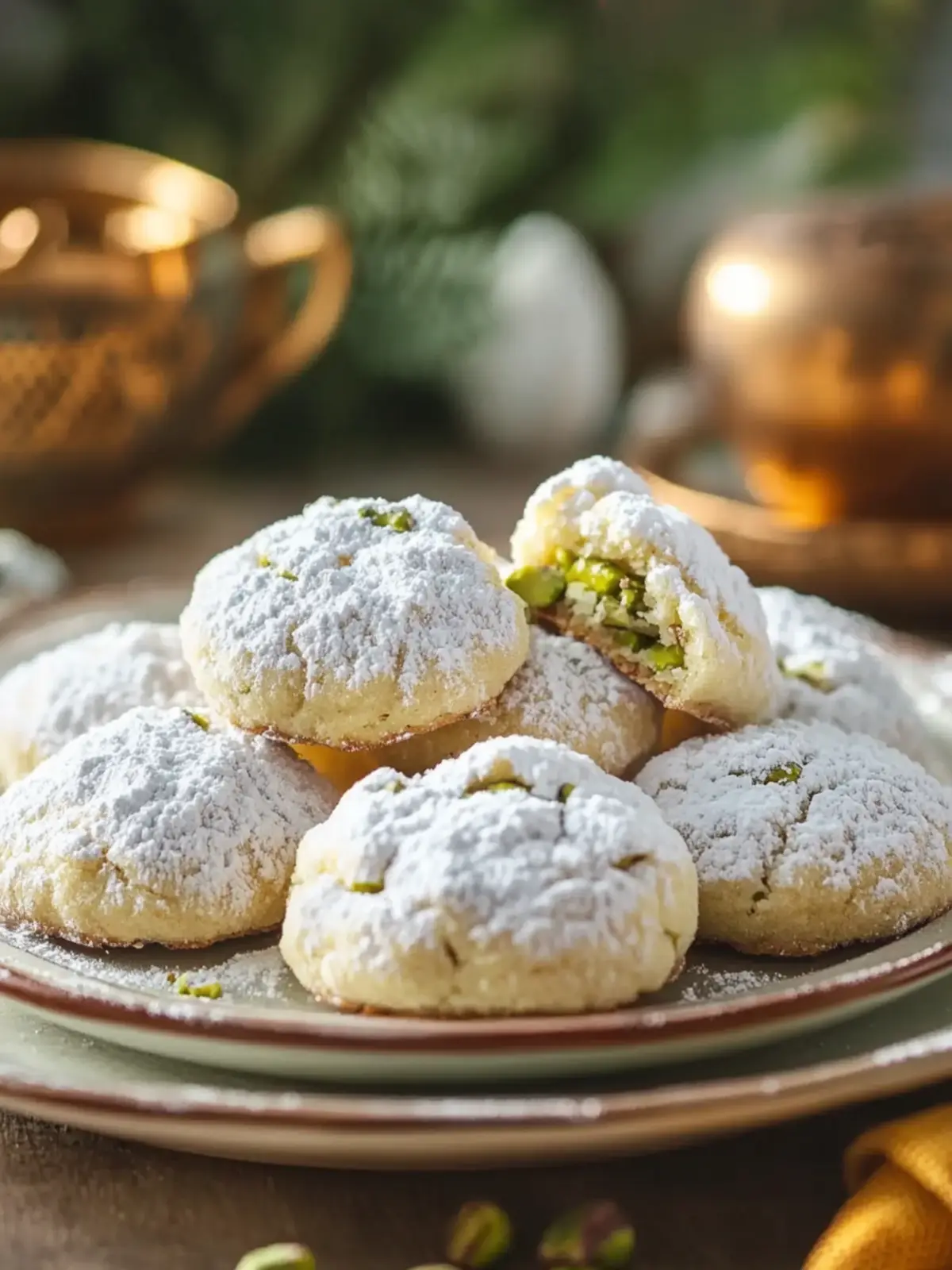 Tender pistachio shortbread with powdered sugar