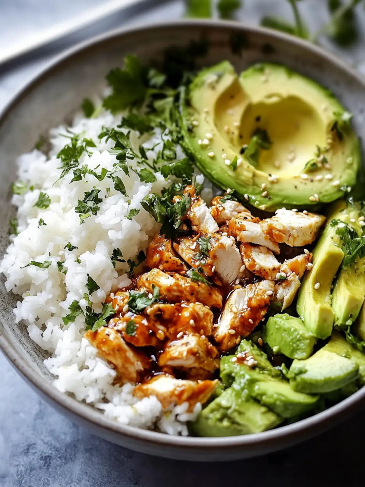 Honig-Limette-Hühnchen und Avocado-Reis-Bowl
