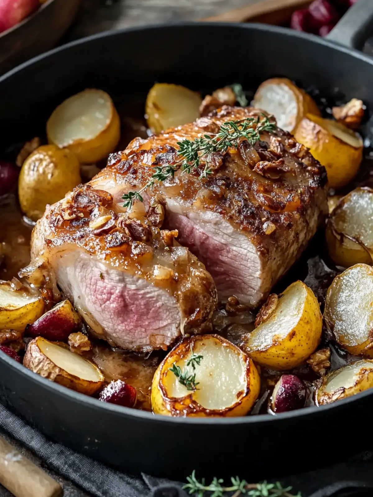 Gebratene Schweinekoteletts mit Äpfeln und Zwiebeln für den Winter