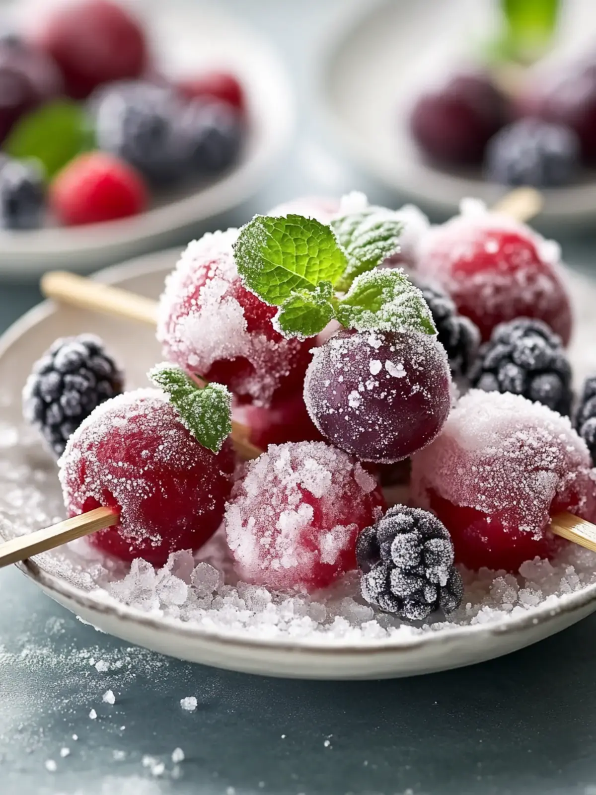 Gefrorene Trauben und Beeren-Spieße mit Minze-Limetten-Zuckerstaub