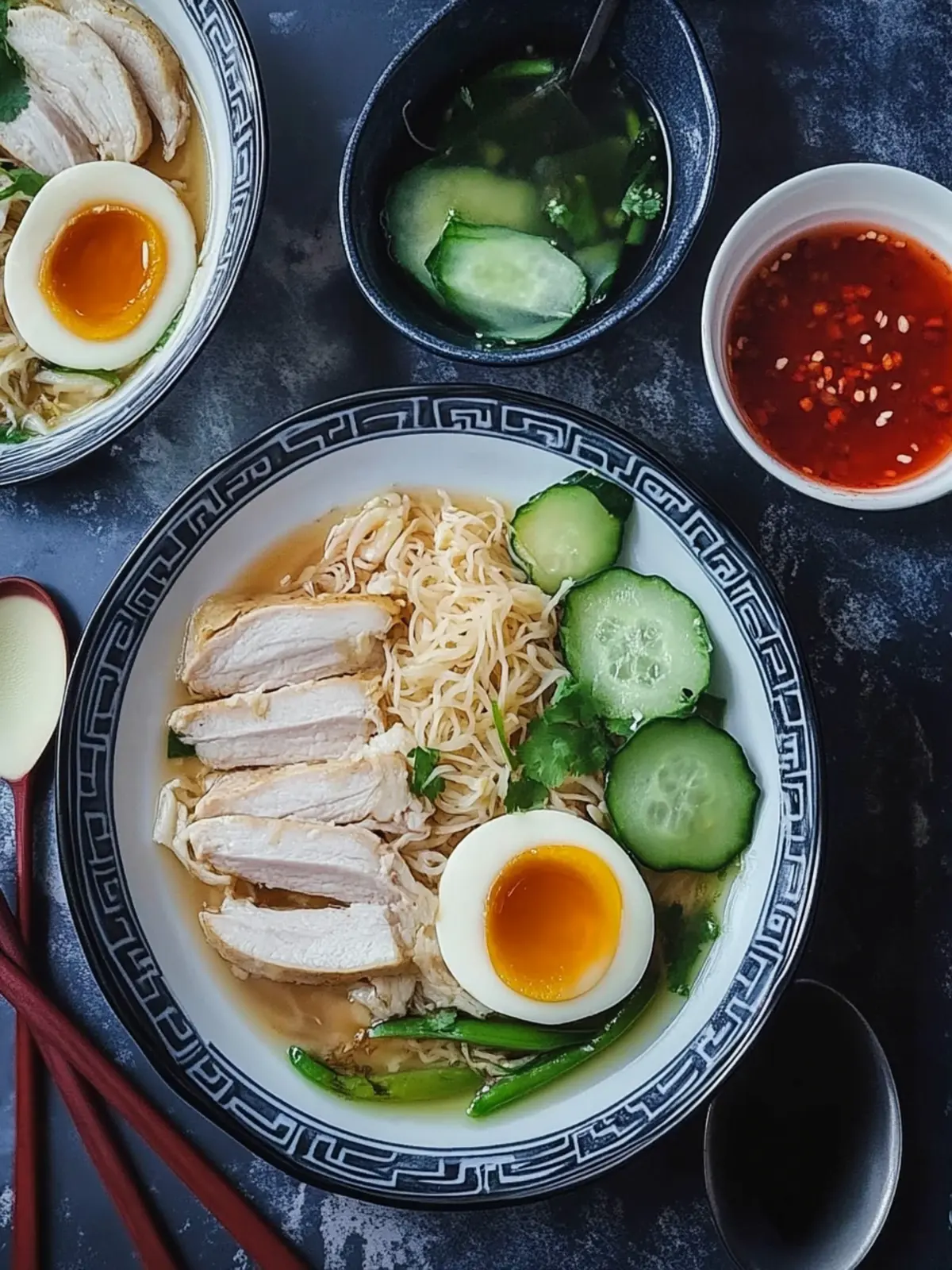 Hainanese Hähnchenreis Mahlzeitenvorbereitung mit Dip-Saucen