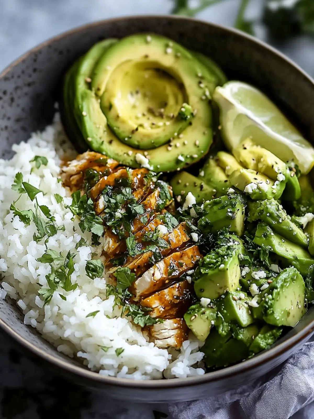 Honig-Limetten-Hühnchen & Avocado-Reis-Bowl