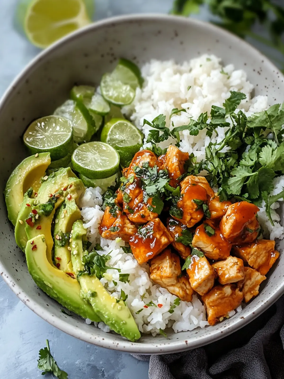 Honig-Limetten-Hühnchen & Avocado-Reis-Bowl