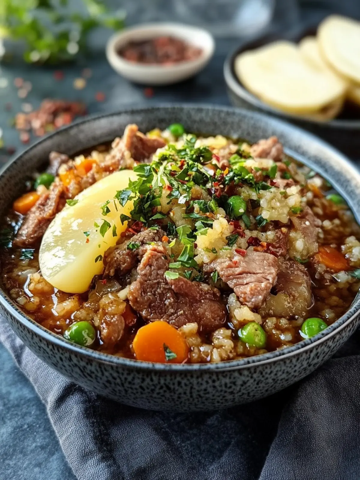 Rindfleisch gebratener Reis Schüssel mit einfachem Spiegelei Topping