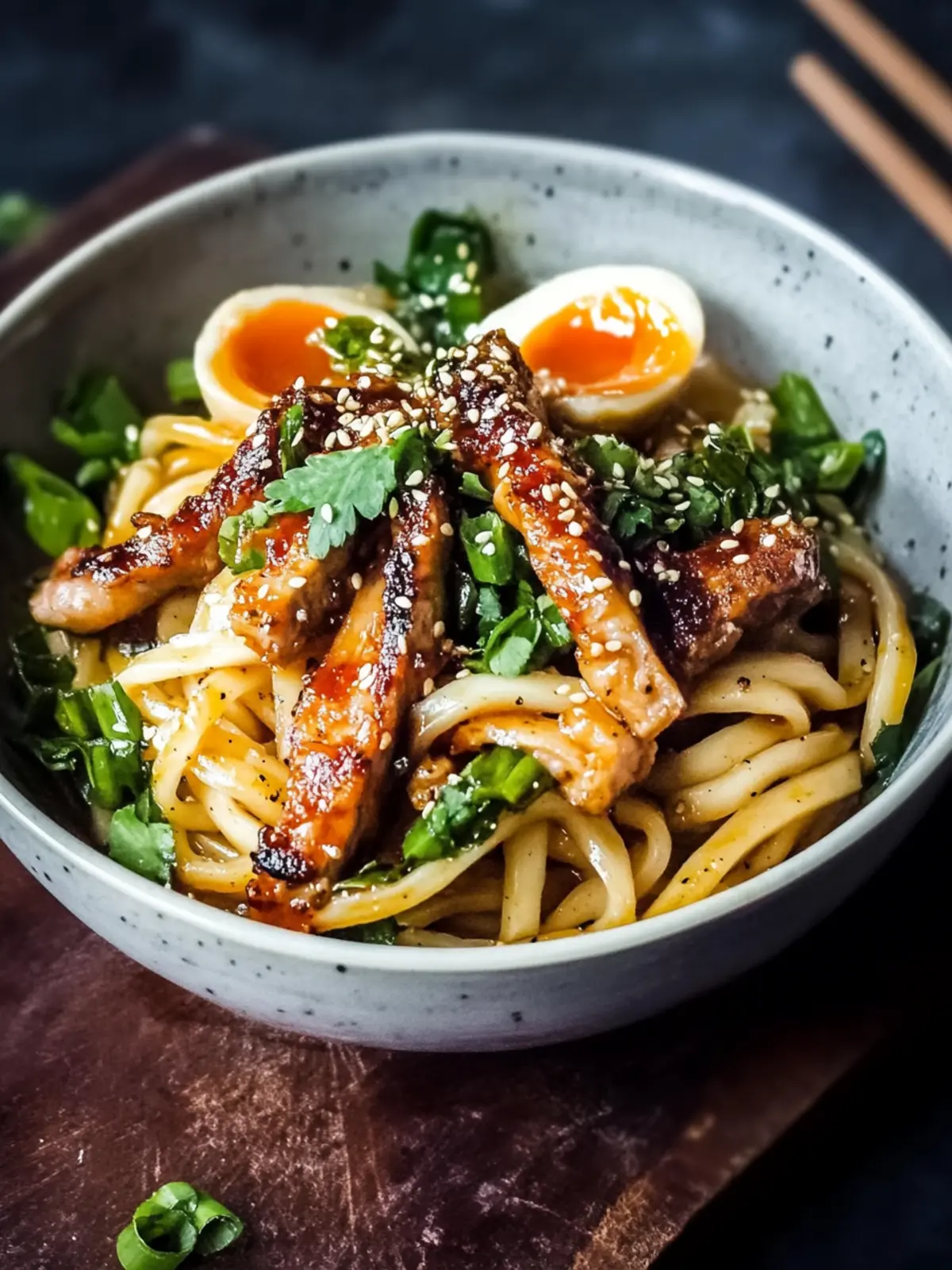 Gemüse Udon klebrig glasierten Schweinekoteletts