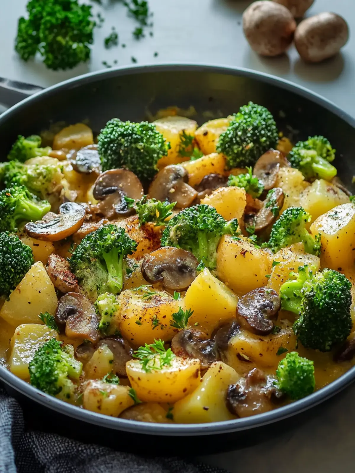 Herzhafte Brokkoli-Kartoffel-Pfanne mit Pilzen