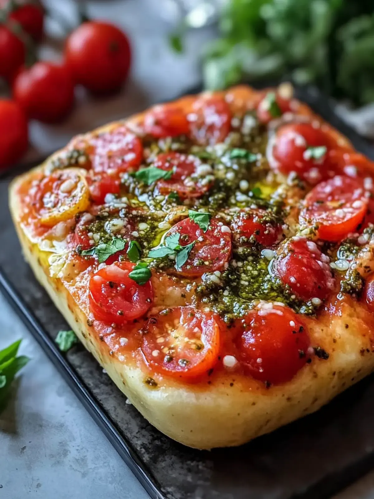 Die beste Focaccia mit Pesto und Tomaten