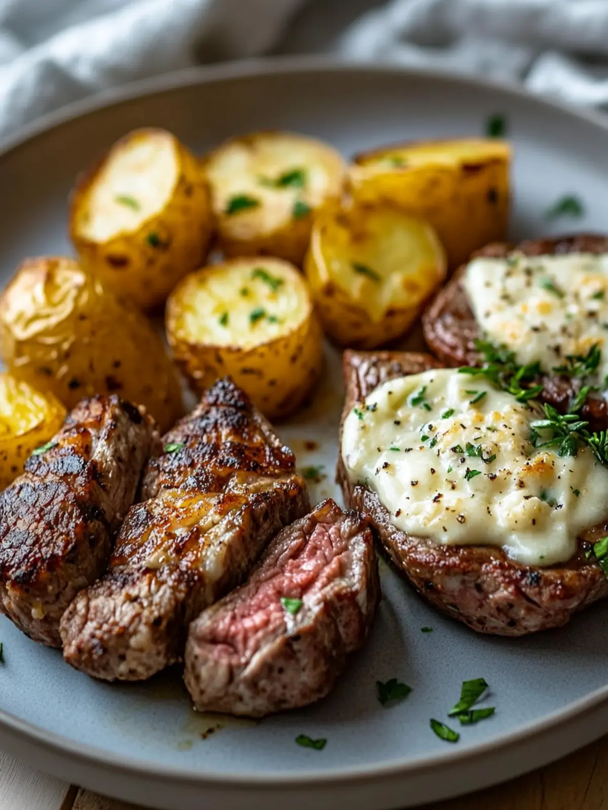Blechpfannensteak und Parmesan-Creme-Kartoffelboote