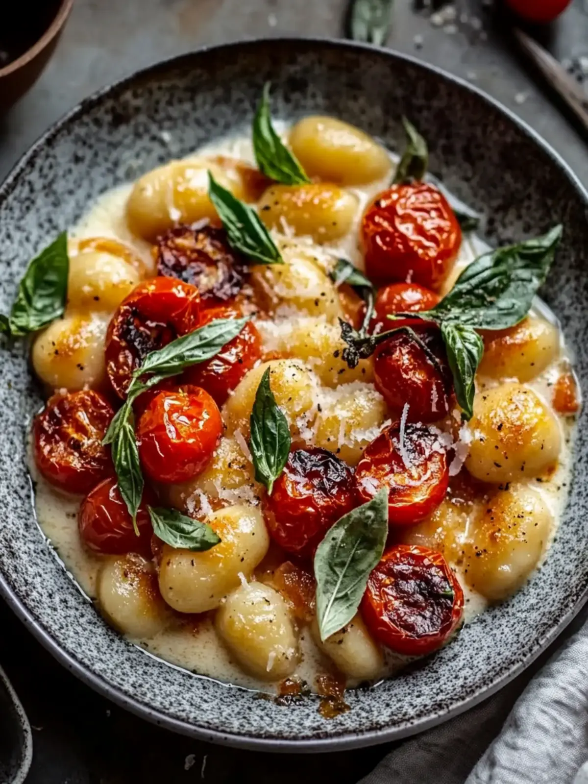 Delicious creamy gnocchi with roasted tomatoes and coconut