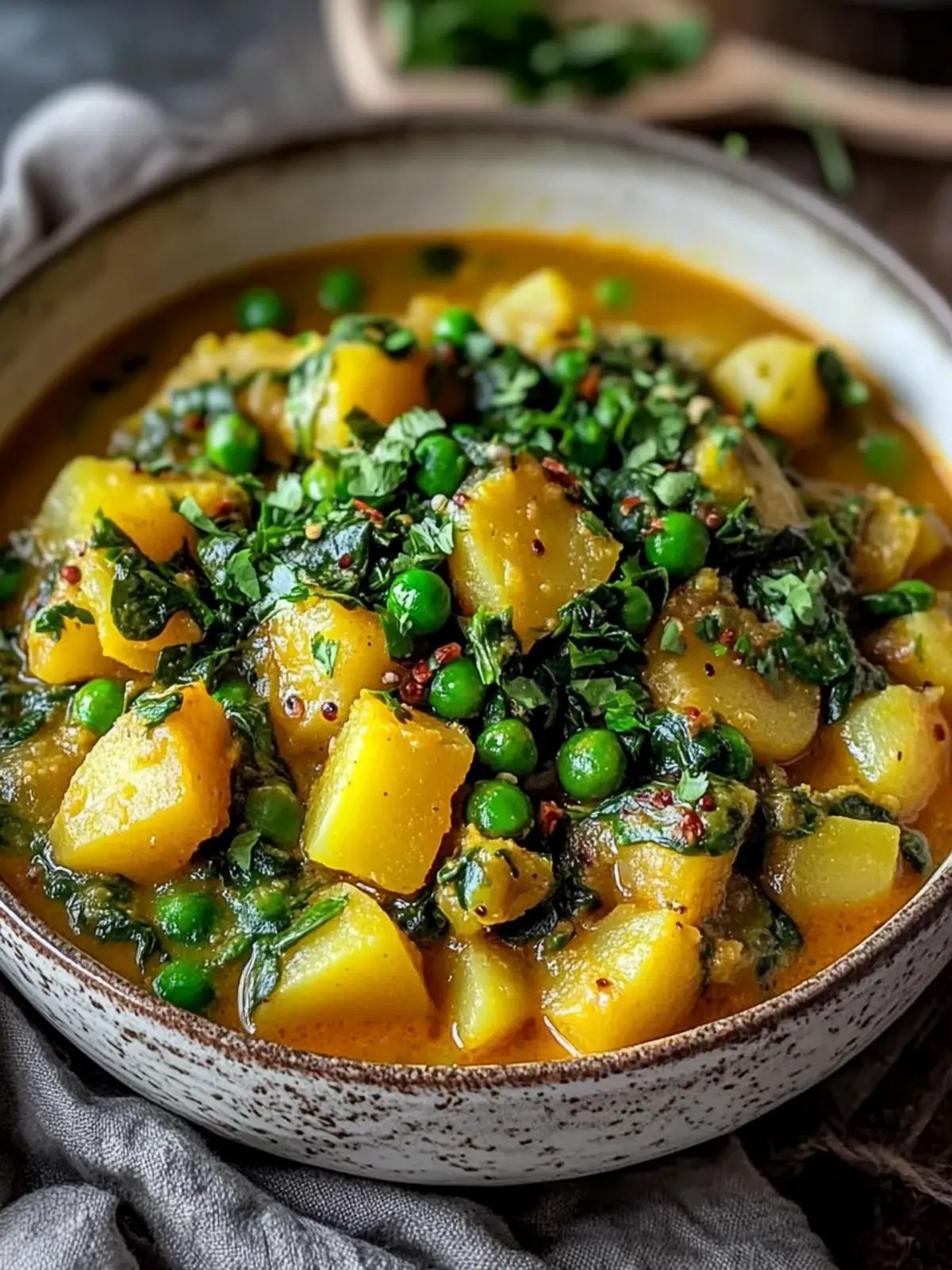 Veganes Kartoffelcurry mit Spinat & Erbsen
