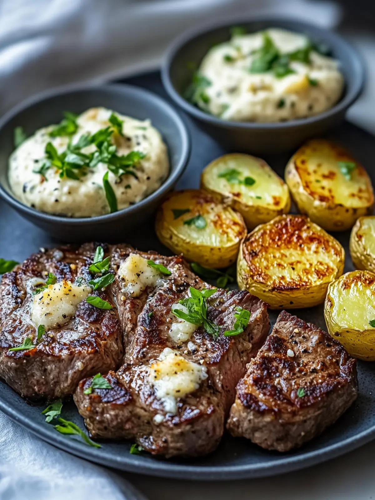 Blechpfannensteak und Parmesan-Creme-Kartoffelboote